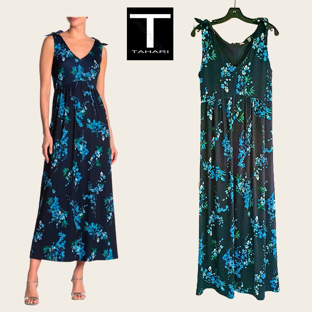 T TAHARI NEW Cottagecore Floral V-Neck Bow Ties Gathered Bodice Maxi Dress 6